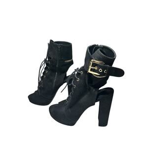 Olivia Jaymes Black Lace-Up Peep Toe Booties Heels w/ Gold Buckle Detail Size 9